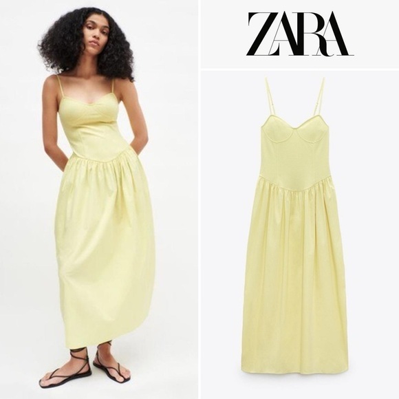 NWT ZARA Combination Poplin Yellow Maxi Dress Size M 5644/359 Bustier Drop Waist - Picture 3 of 16